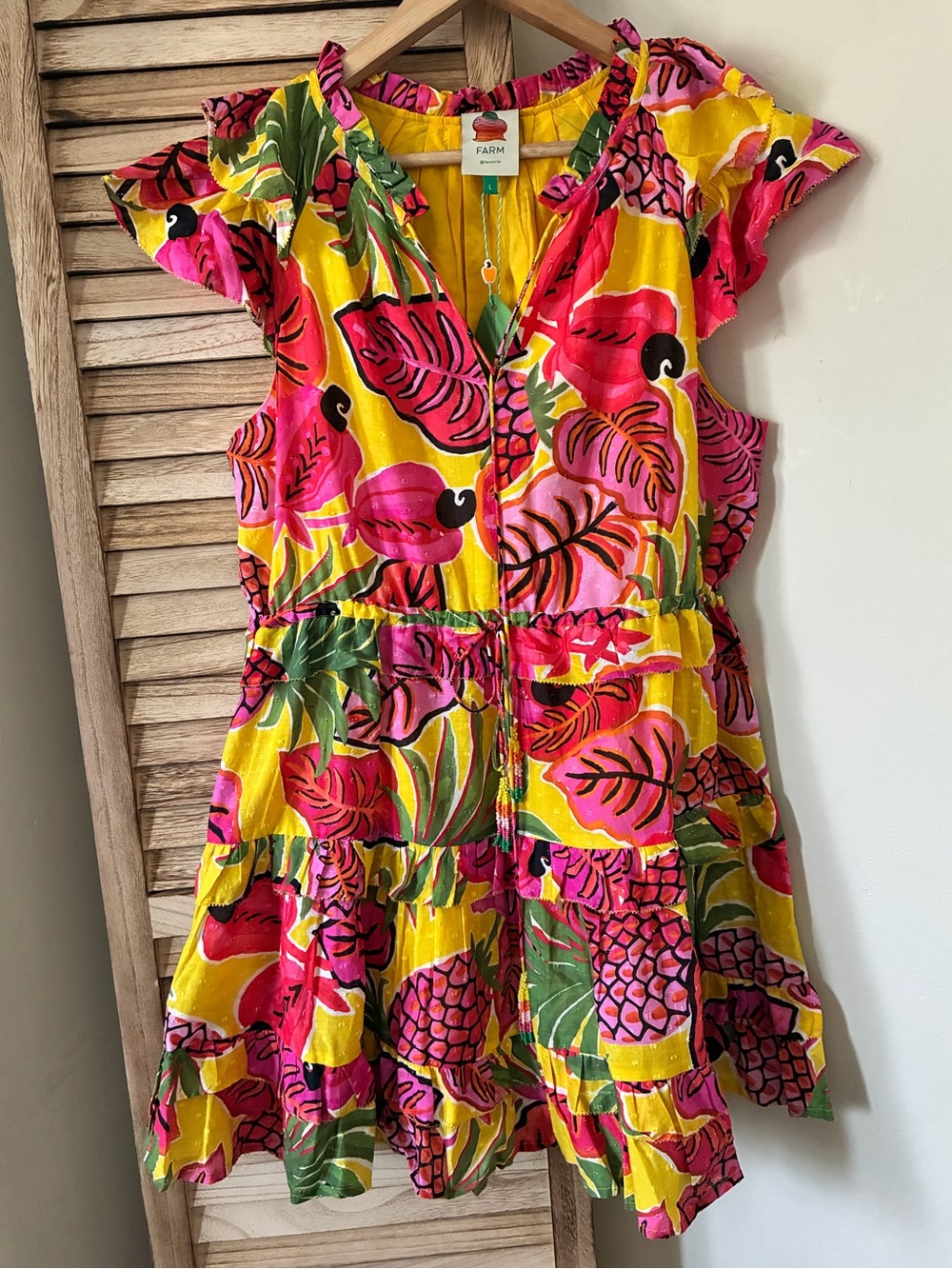 Farm Rio Fruit Dream Ruffle Mini Dress Yellow Tropical Beaded Tassels NWT L
